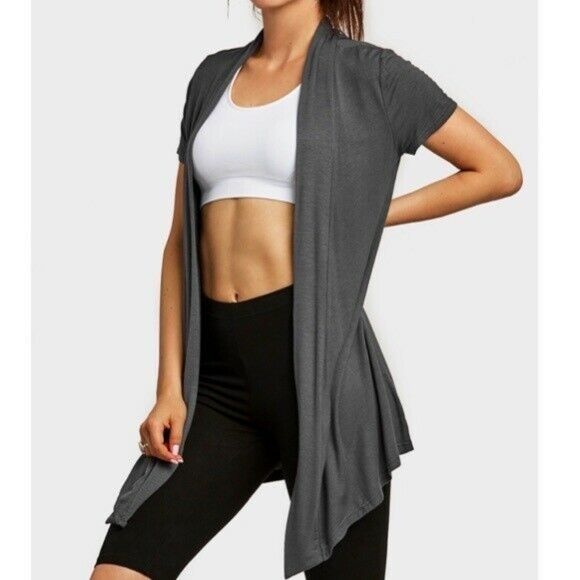 Sofra Sweaters - Sofra Grey Super Soft Short Sleeve Open Cardigan